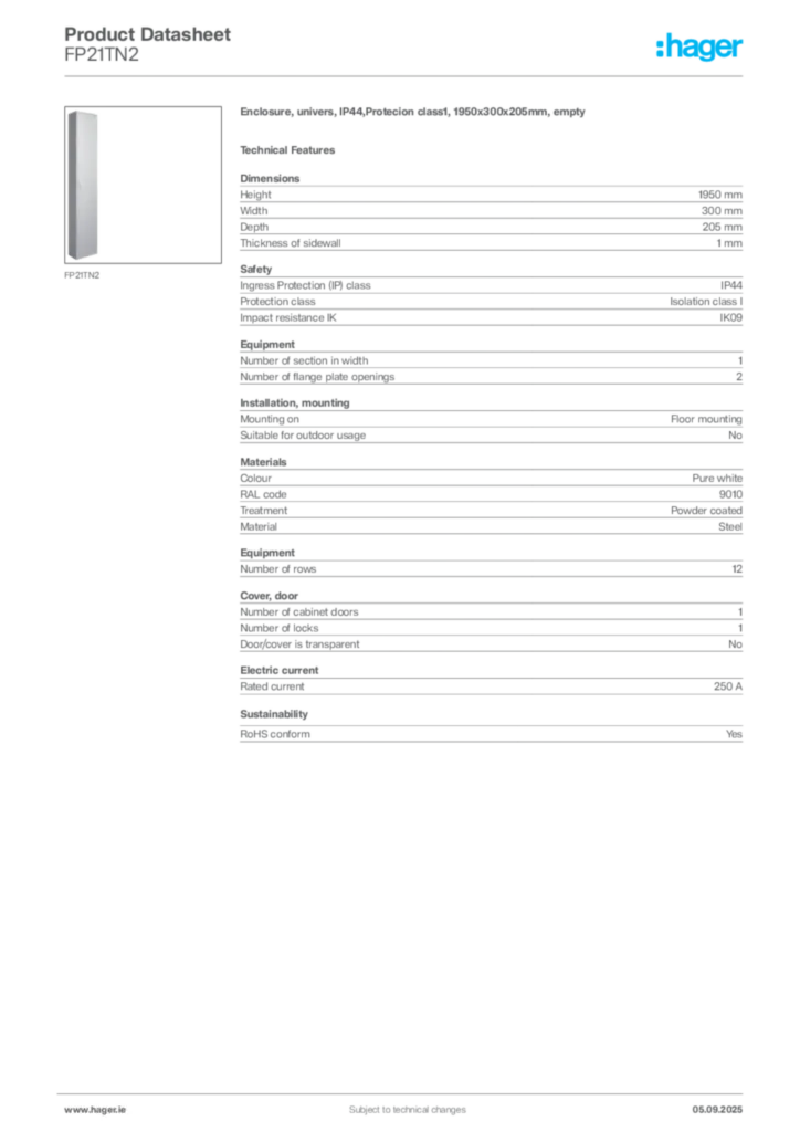 Image Hager Product data sheet FP21TN2  | Hager