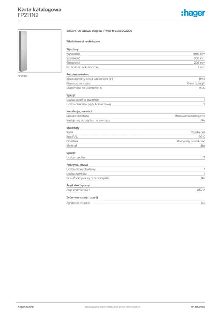 Zdjęcie Hager Karta katalogowa FP21TN2 | Hager Polska