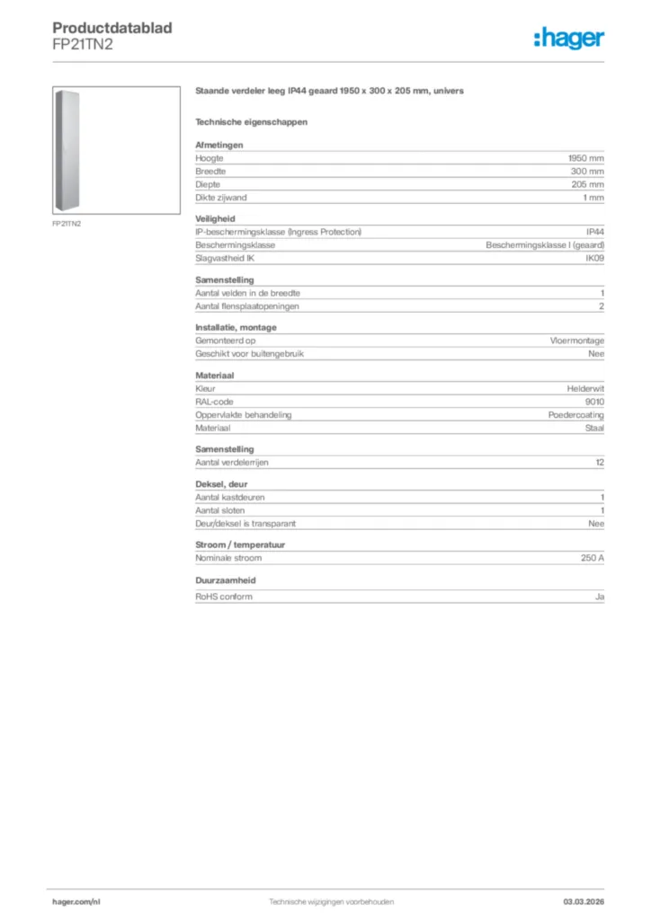 Afbeelding Hager Productdatablad FP21TN2 | Hager Nederland