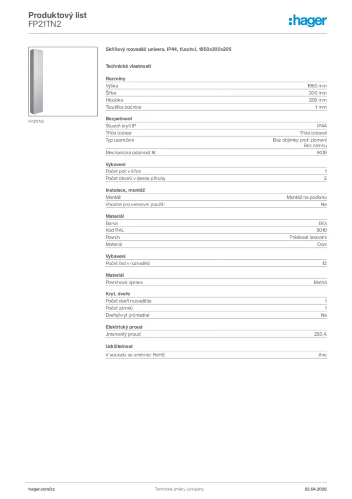 Obrázek Hager Product data sheet FP21TN2 | Hager