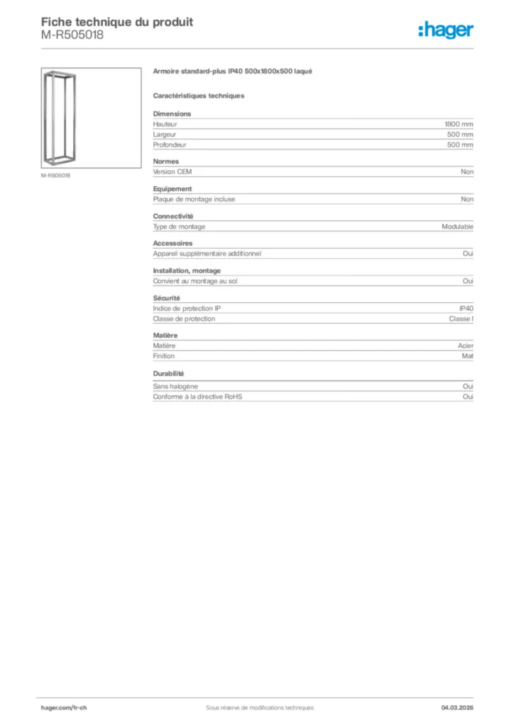 Image Hager Fiche technique du produit M-R505018 | Hager Suisse