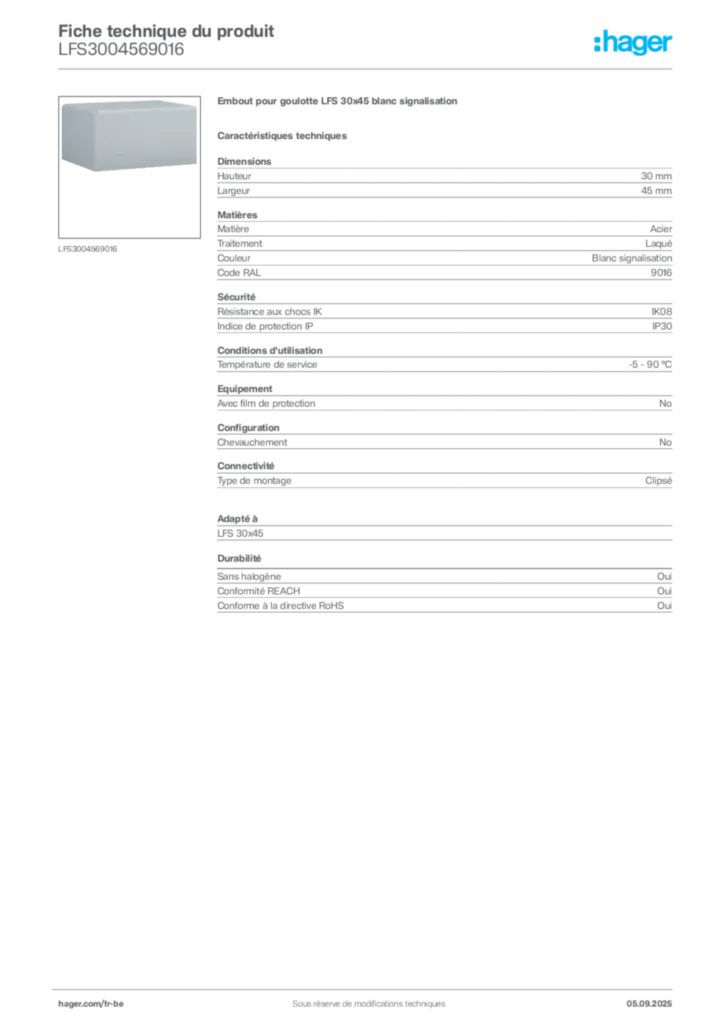 Image Hager Fiche technique du produit LFS3004569016 | Hager Belgique