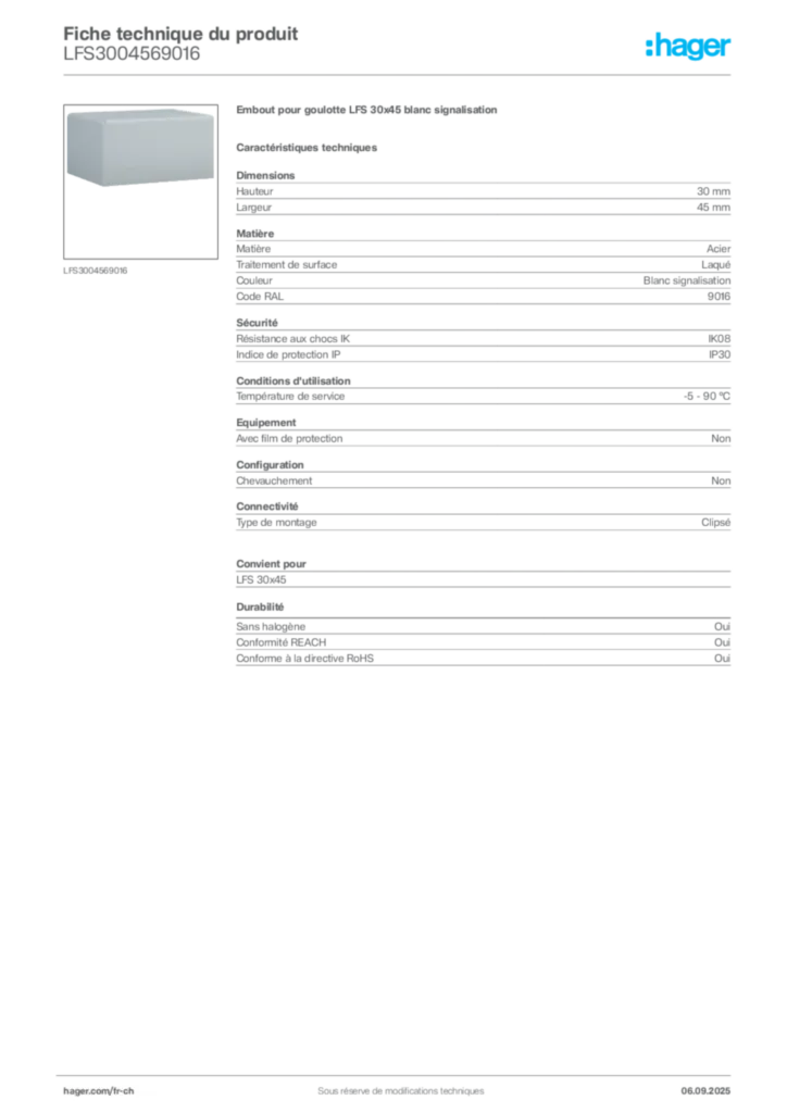 Image Hager Fiche technique du produit LFS3004569016 | Hager Suisse