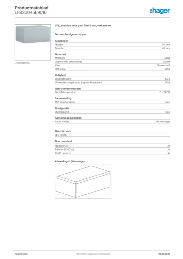 Afbeelding Hager Productdatablad LFS3004569016 | Hager Nederland