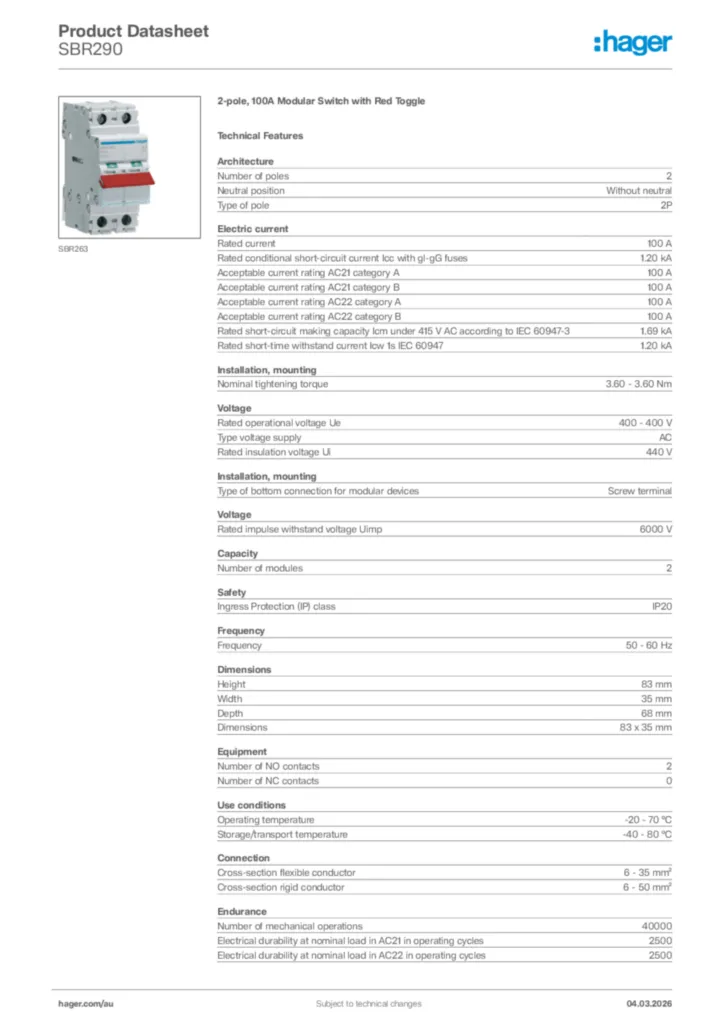Image Hager Product data sheet SBR290  | Hager Australia