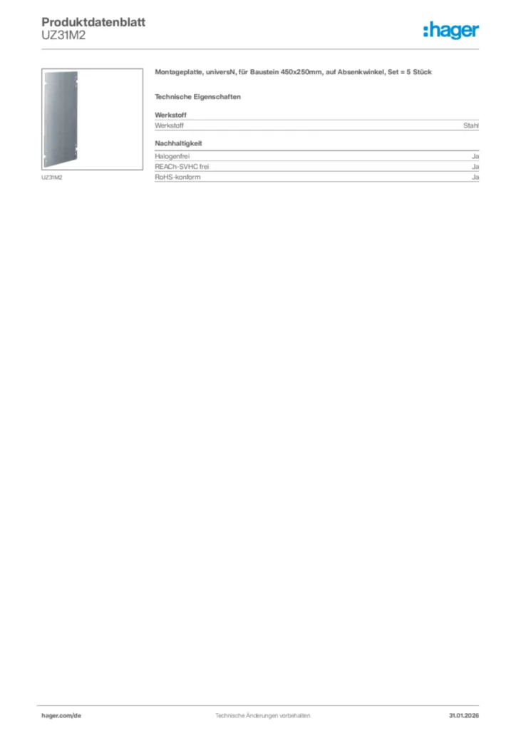 Hager Produktdatenblatt UZ31M2