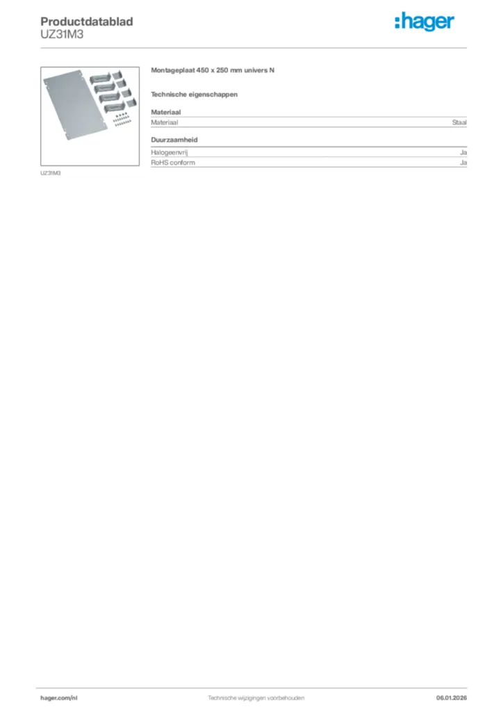 Afbeelding Hager Productdatablad UZ31M3 | Hager Nederland