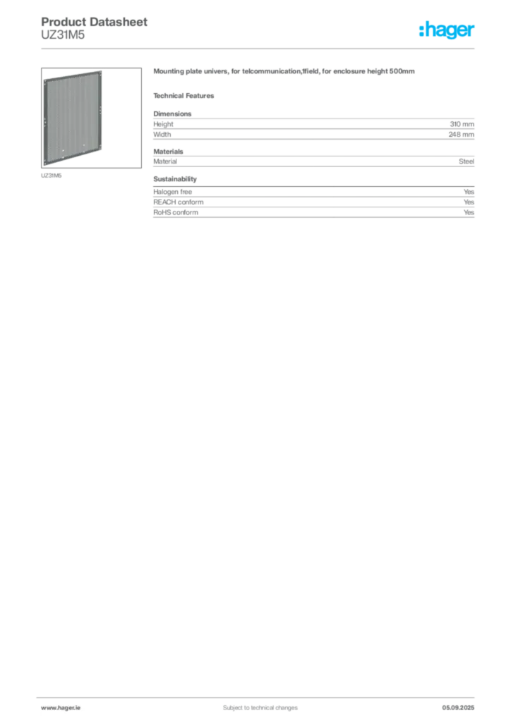 Image Hager Product data sheet UZ31M5  | Hager