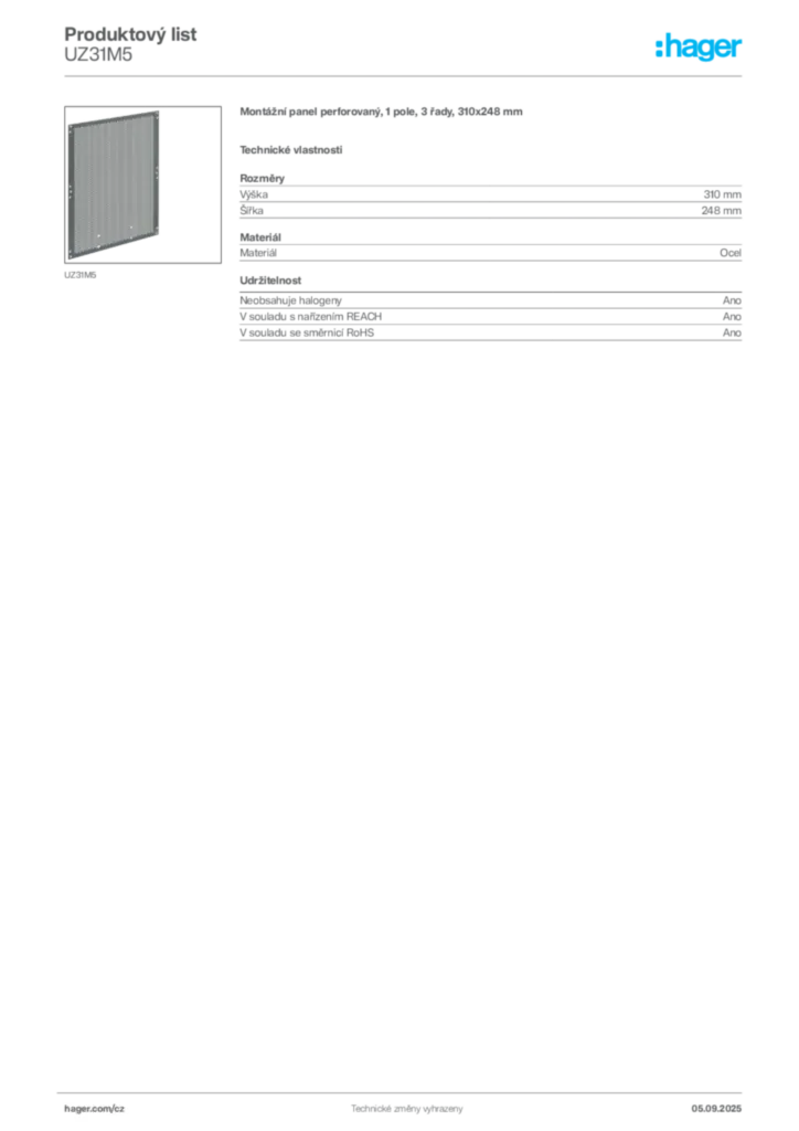 Obrázek Hager Produktový list UZ31M5 | Hager