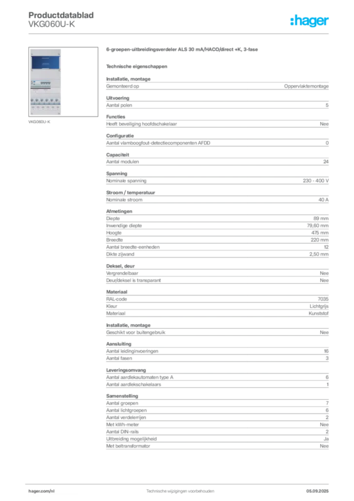 Afbeelding Hager Productdatablad VKG060U-K | Hager Nederland