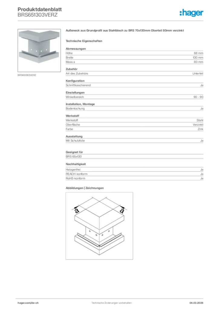Bild Hager Produktdatenblatt BRS651303VERZ | Hager Schweiz