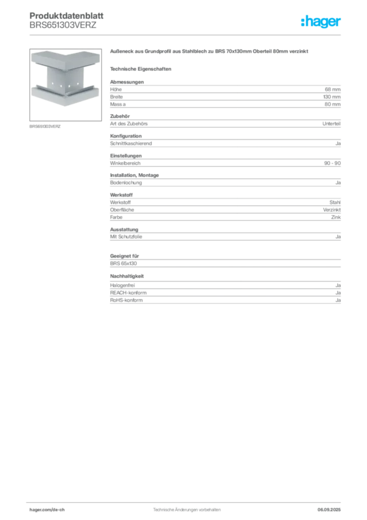 Bild Hager Produktdatenblatt BRS651303VERZ | Hager Schweiz