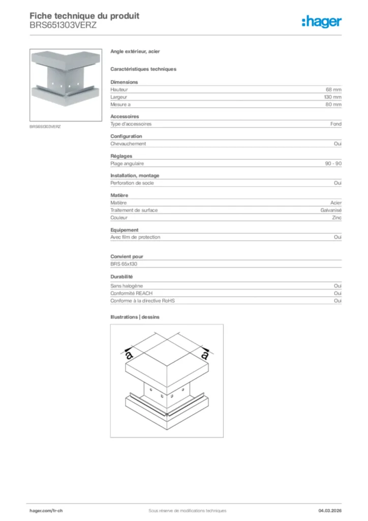 Image Hager Fiche technique du produit BRS651303VERZ | Hager Suisse