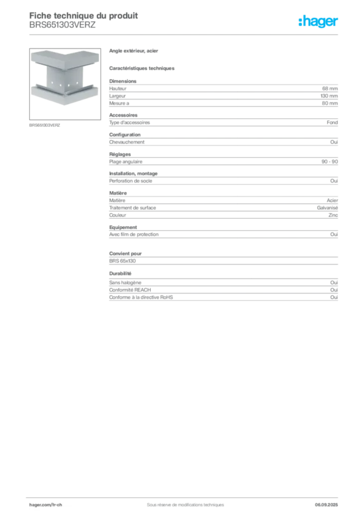 Image Hager Fiche technique du produit BRS651303VERZ | Hager Suisse