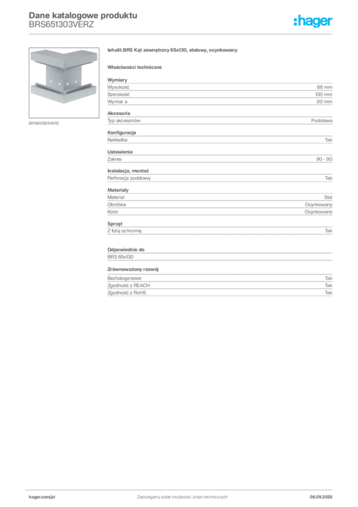 Zdjęcie Hager Dane katalogowe produktu BRS651303VERZ | Hager Polska