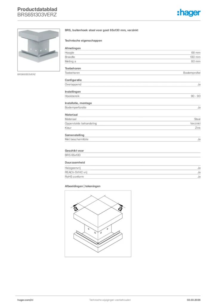 Afbeelding Hager Productdatablad BRS651303VERZ | Hager Nederland