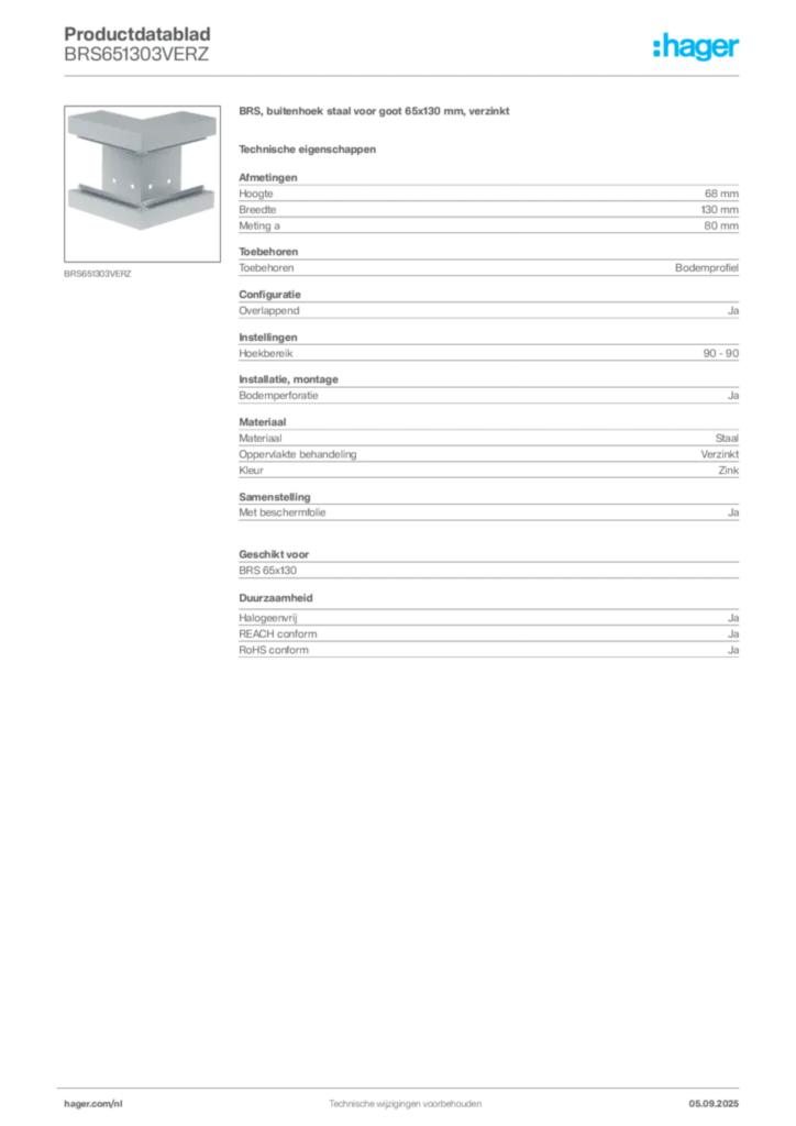Afbeelding Hager Productdatablad BRS651303VERZ | Hager Nederland
