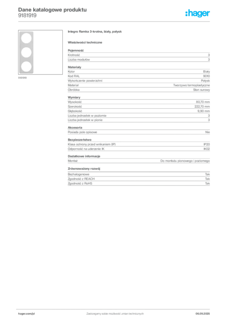 Zdjęcie Hager Dane katalogowe produktu 9181919 | Hager Polska