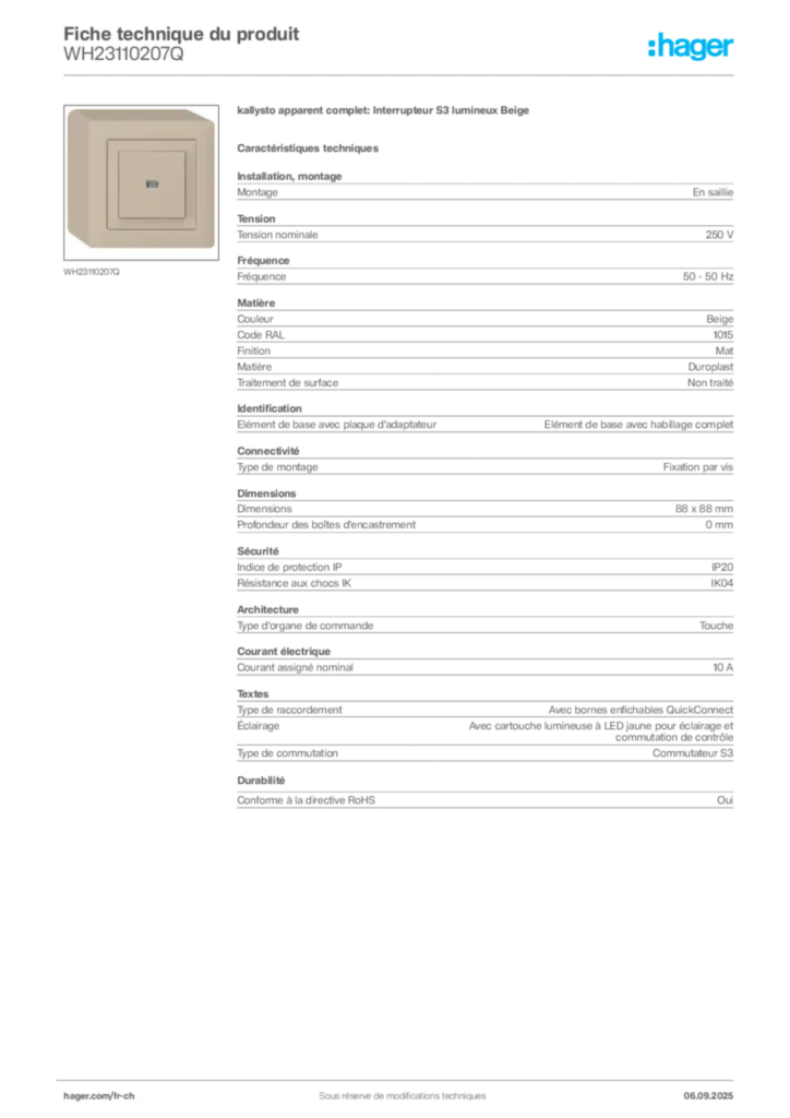 Image Hager Fiche technique du produit WH23110207Q | Hager Suisse