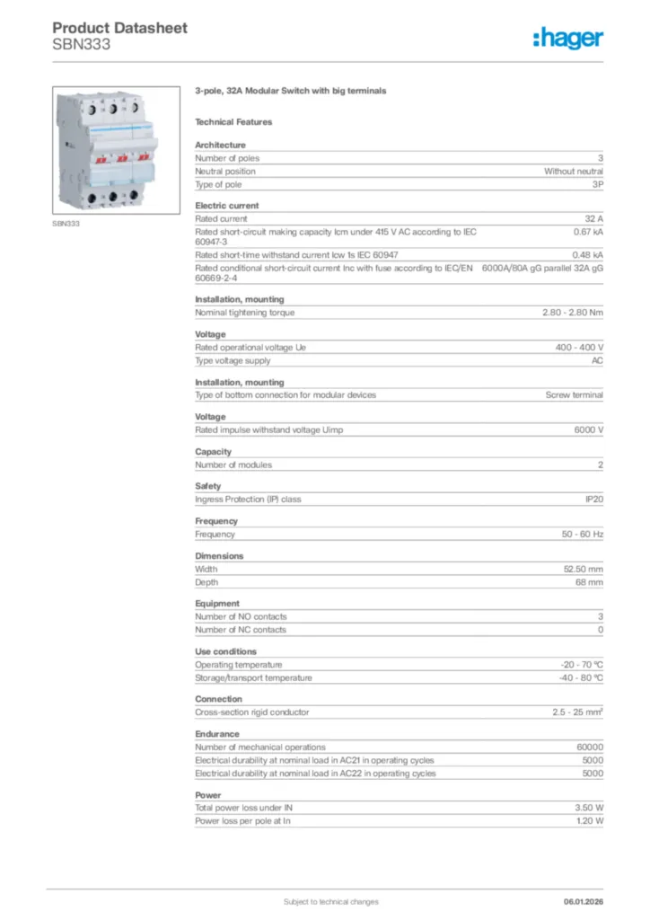 Image Hager Product data sheet SBN333  | Hager Africa
