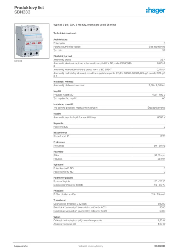 Obrázek Hager Product data sheet SBN333 | Hager