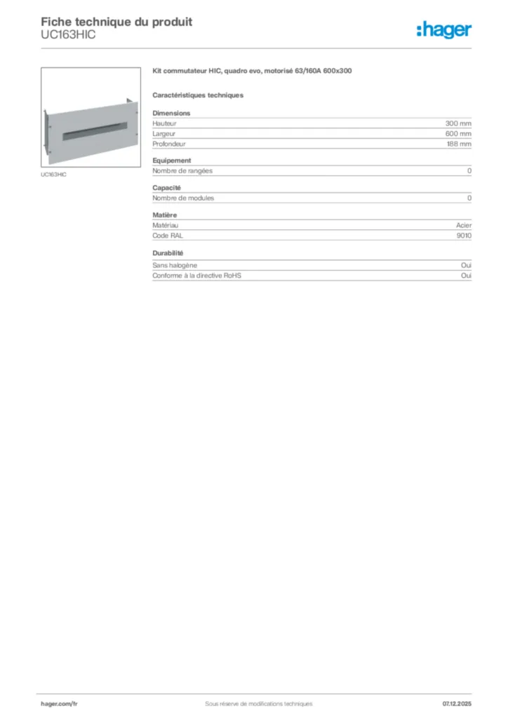 Image Hager Fiche technique du produit UC163HIC | Hager France