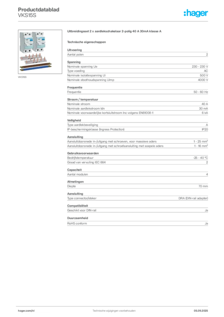 Afbeelding Hager Productdatablad VKS15S | Hager Nederland