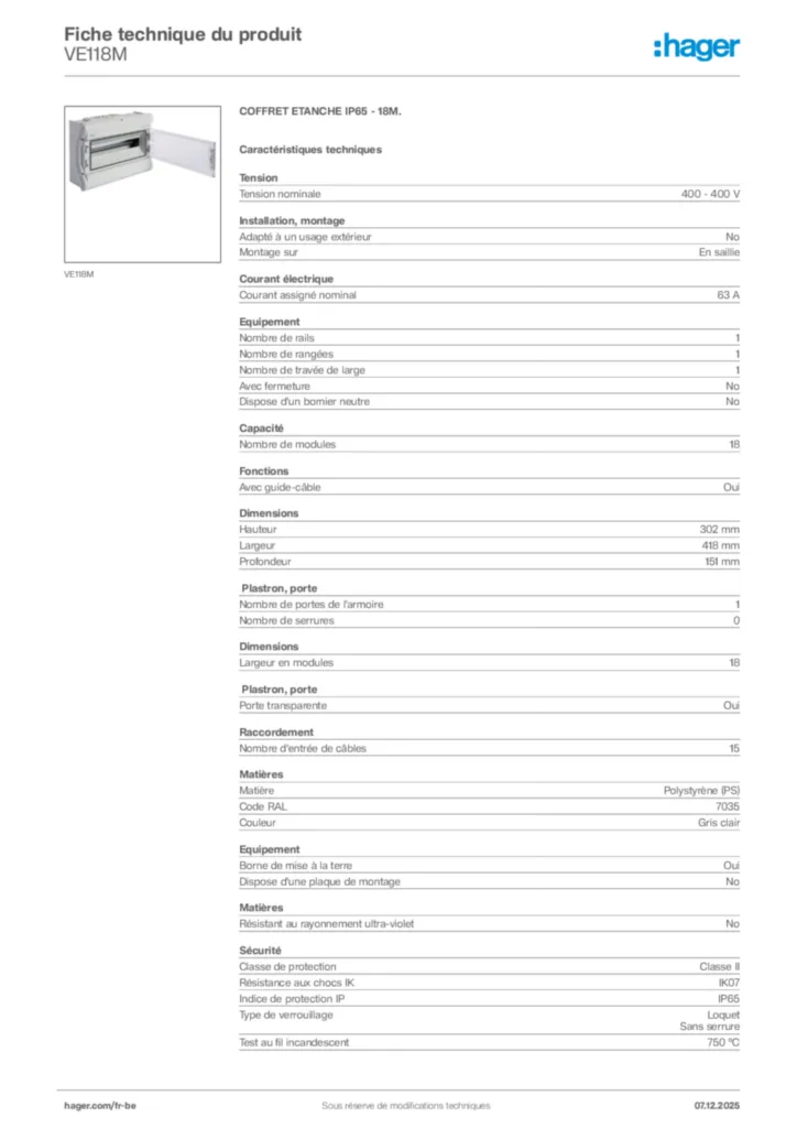 Image Hager Fiche technique du produit VE118M | Hager Belgique