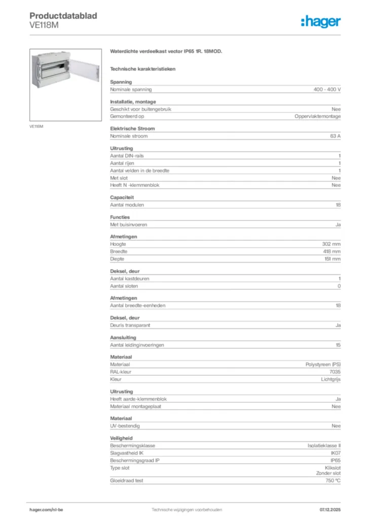 Afbeelding Hager Productdatablad VE118M | Hager Belgium