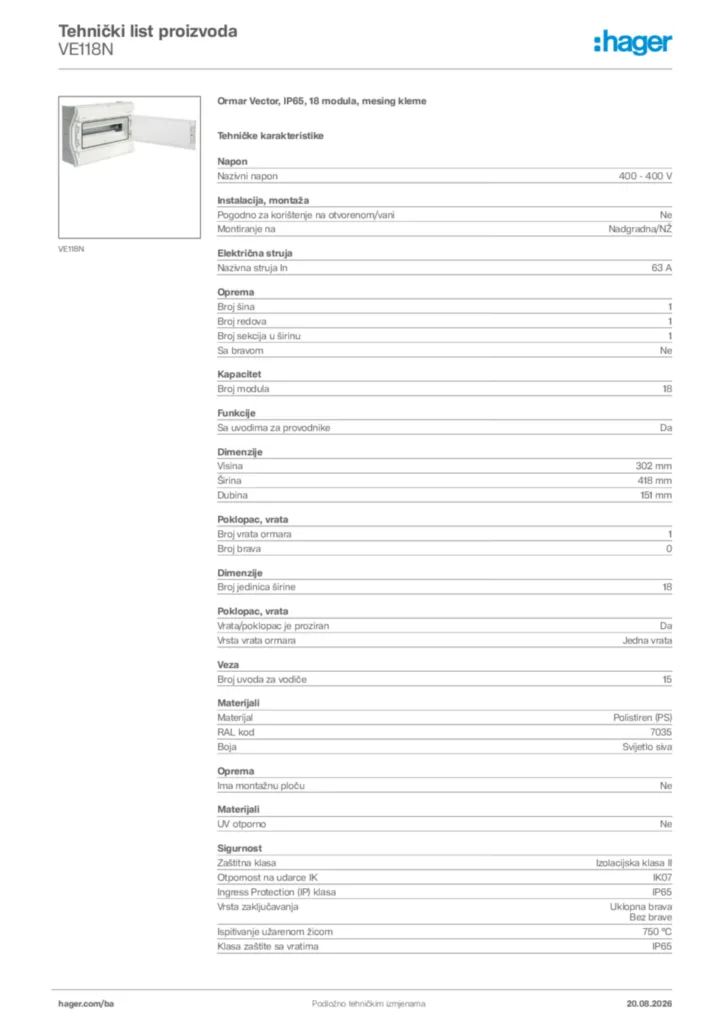 Slika Hager Tehnički list proizvoda VE118N  | Hager