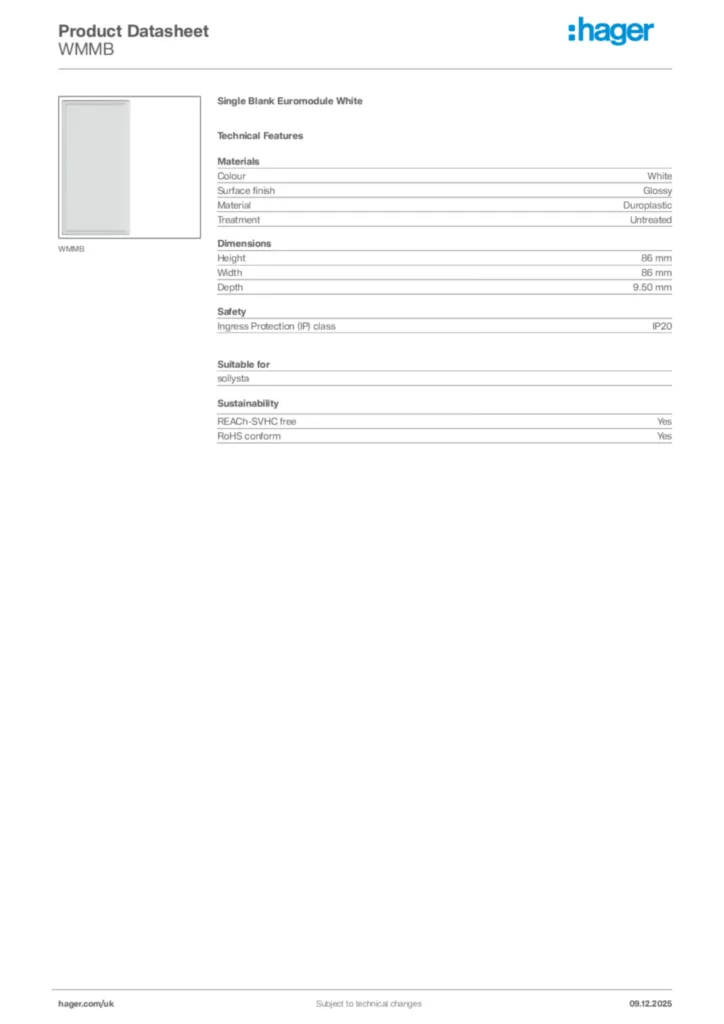 Image Hager Product data sheet WMMB  | Hager