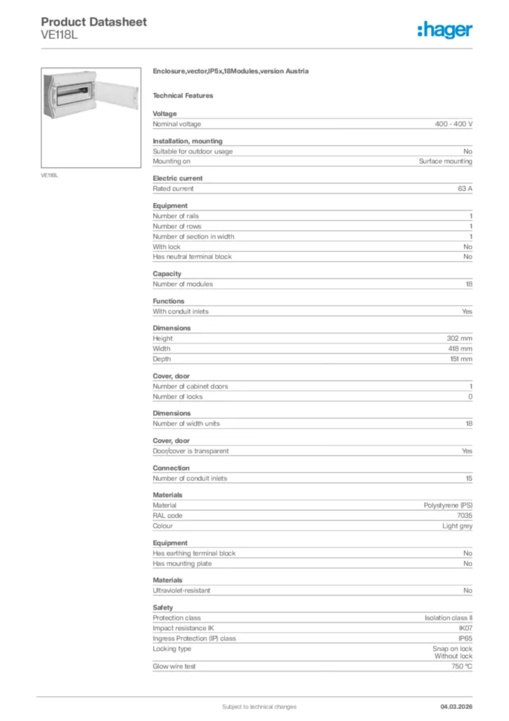 Image Hager Product data sheet VE118L  | Hager Africa