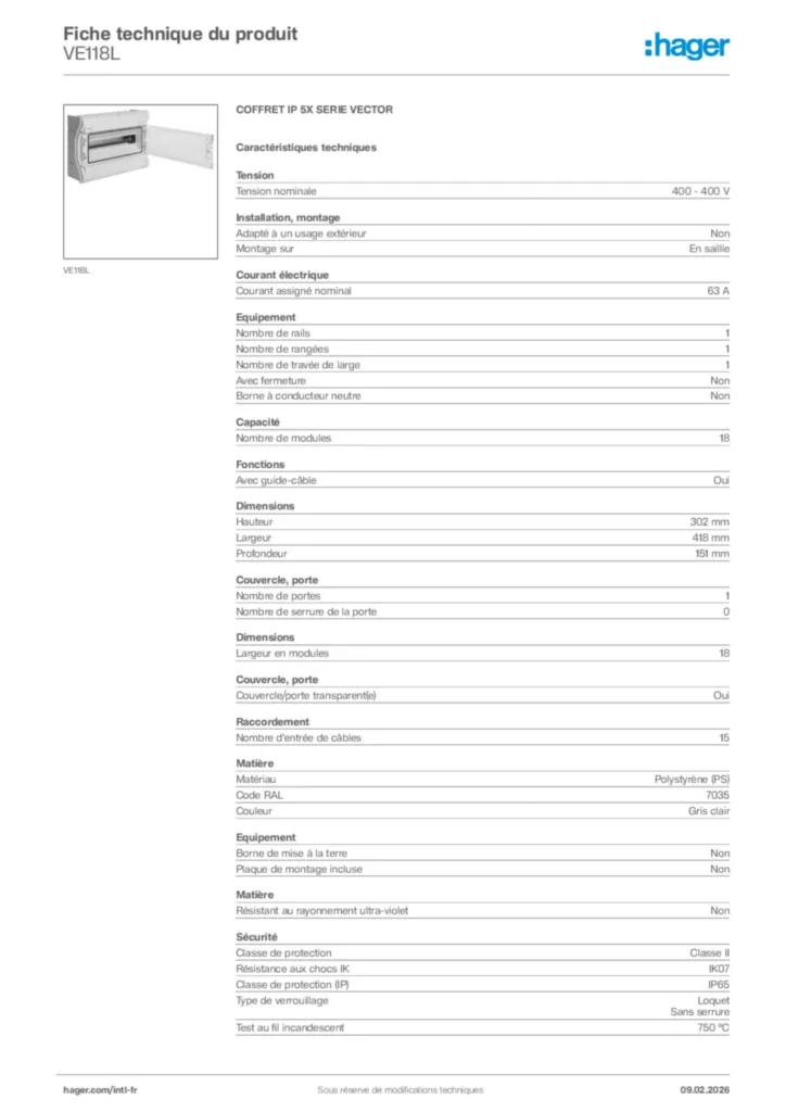 Image Hager Fiche technique du produit VE118L | Hager Afrique