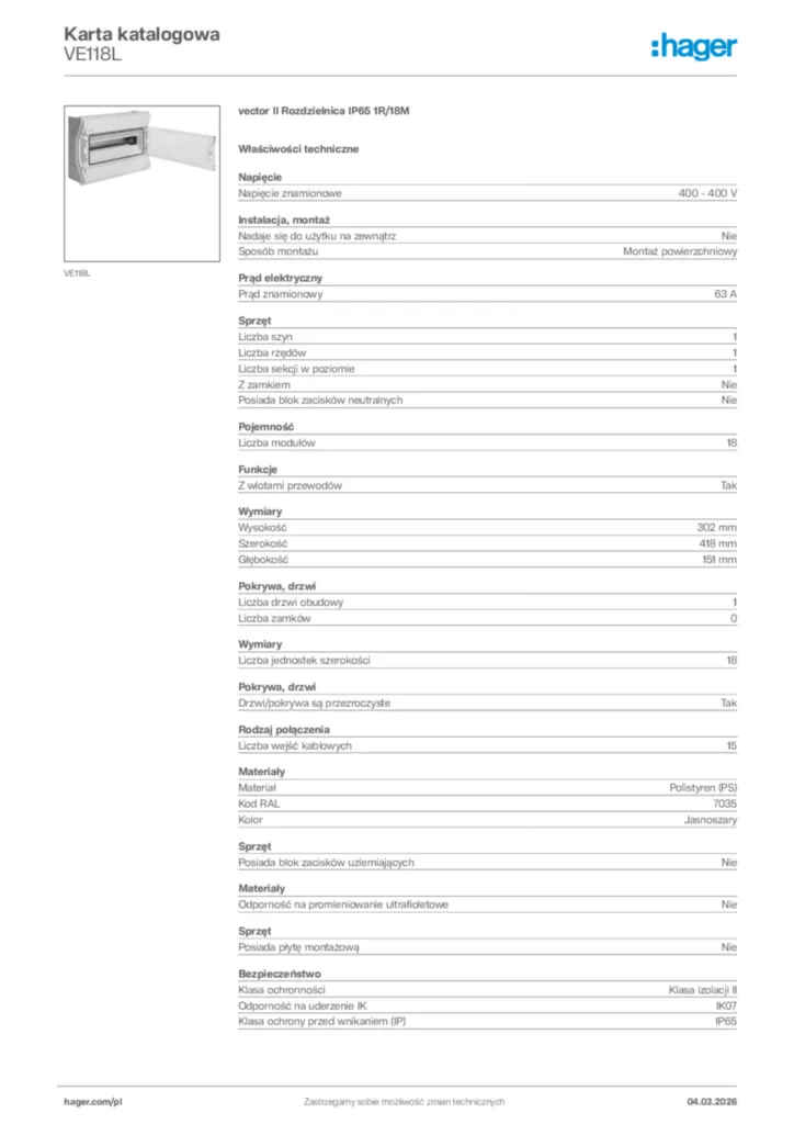 Zdjęcie Hager Karta katalogowa VE118L | Hager Polska