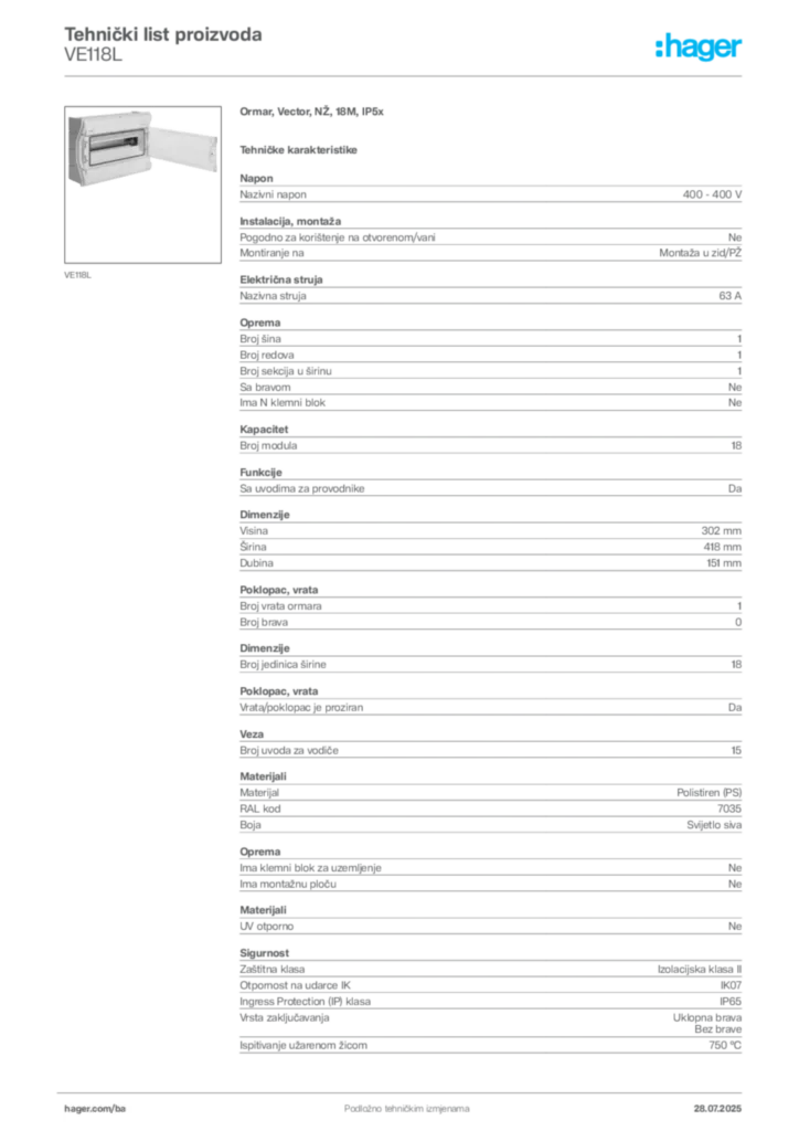 Slika Hager Product data sheet VE118L  | Hager