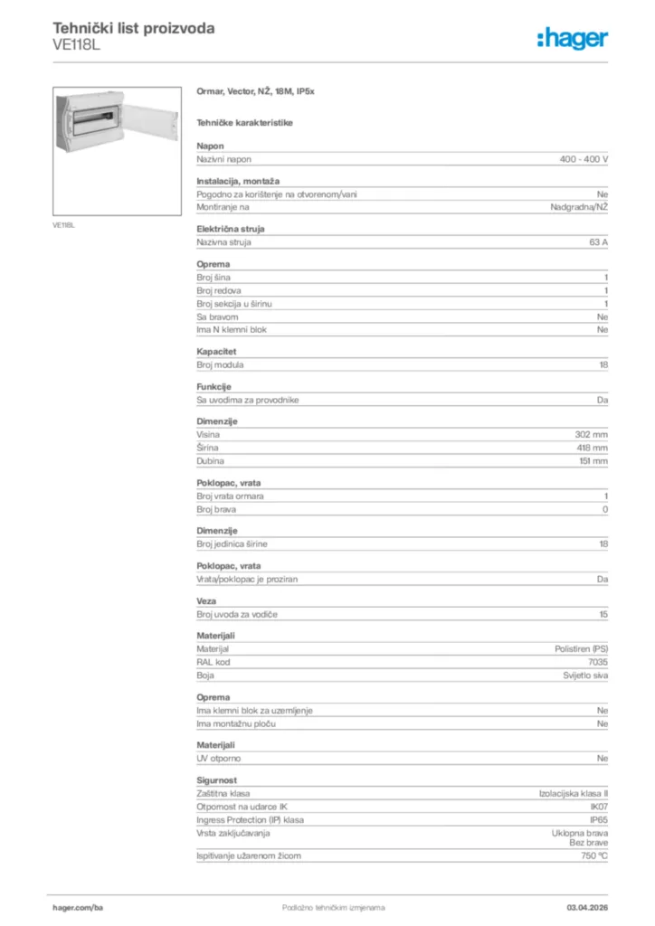 Slika Hager Tehnički list proizvoda VE118L  | Hager