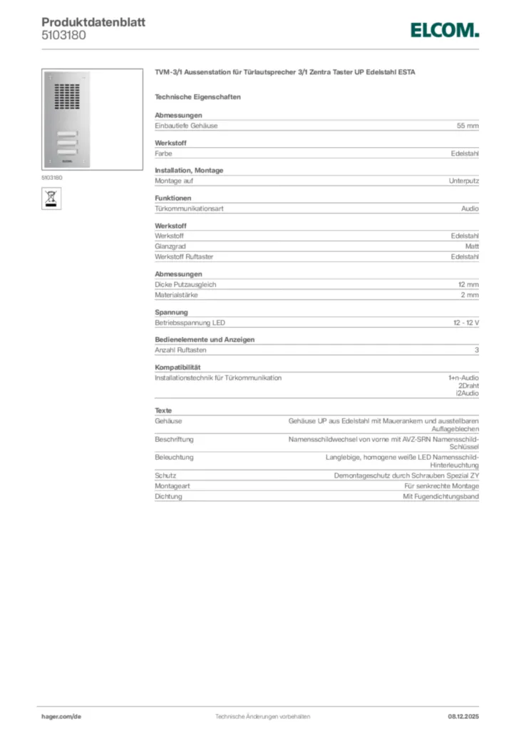 Bild Elcom Produktdatenblatt 5103180 | Hager Deutschland