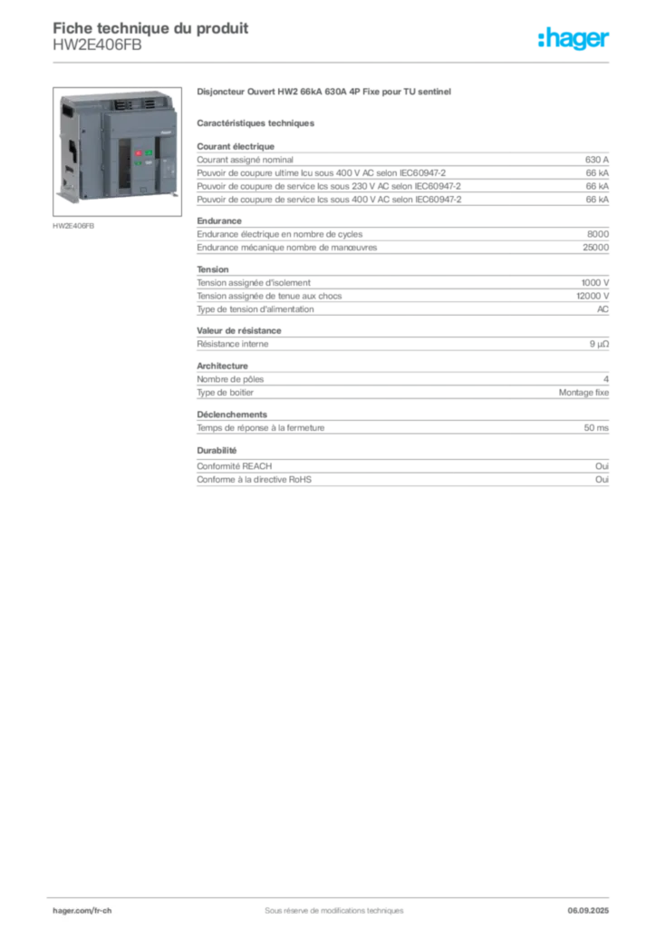 Image Hager Fiche technique du produit HW2E406FB | Hager Suisse
