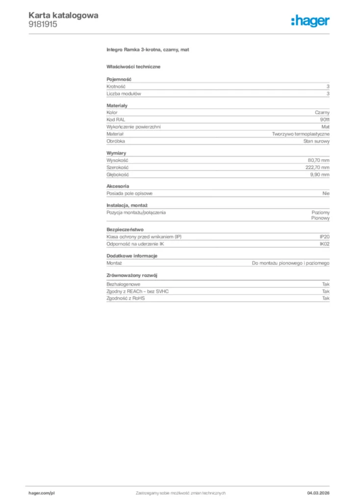 Zdjęcie Hager Karta katalogowa 9181915 | Hager Polska