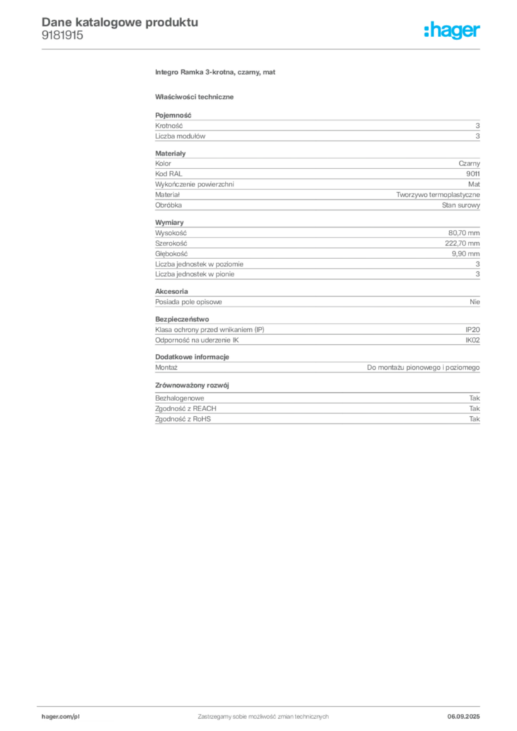 Zdjęcie Hager Dane katalogowe produktu 9181915 | Hager Polska