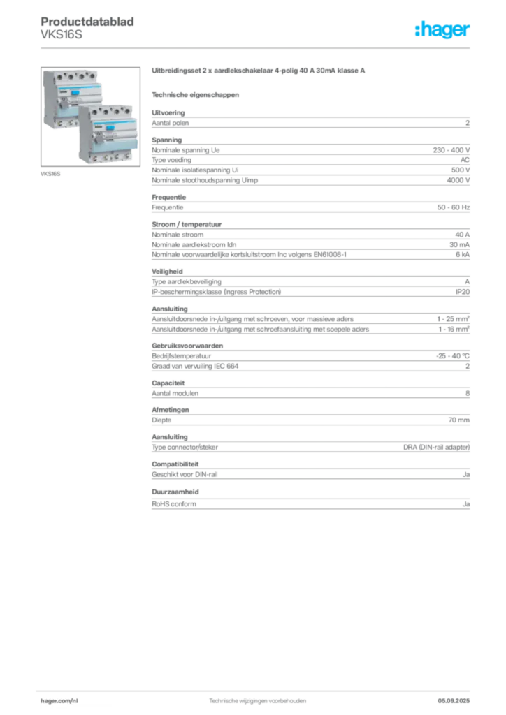 Afbeelding Hager Productdatablad VKS16S | Hager Nederland