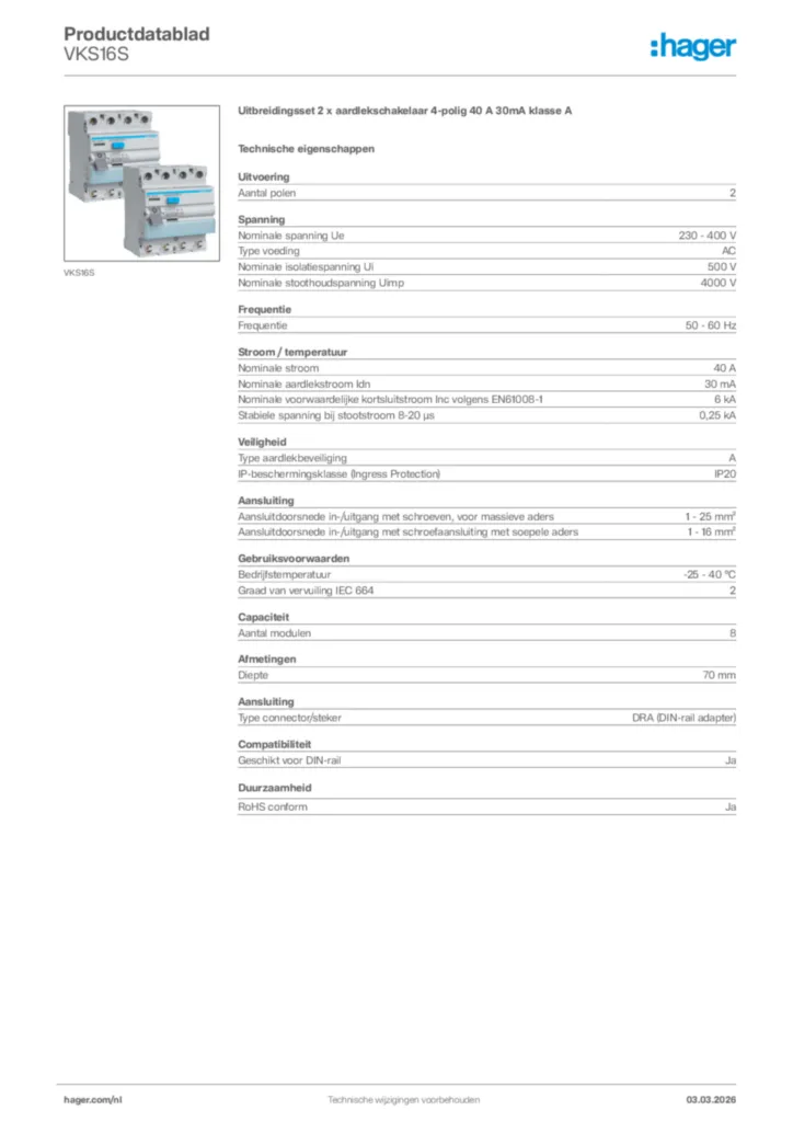 Afbeelding Hager Productdatablad VKS16S | Hager Nederland