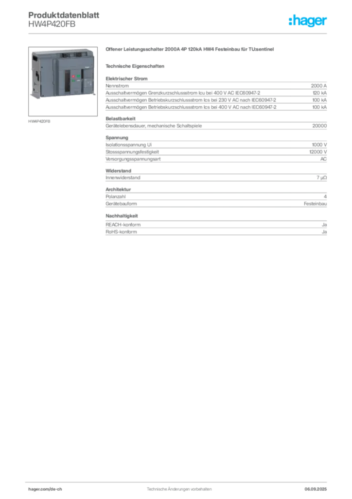 Bild Hager Produktdatenblatt HW4P420FB | Hager Schweiz