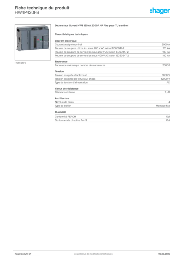 Image Hager Fiche technique du produit HW4P420FB | Hager Suisse