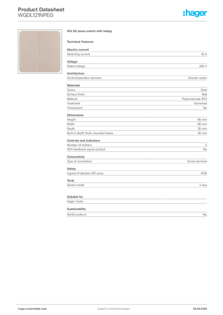 Image Hager Product data sheet WGDL121NPEG  | Hager