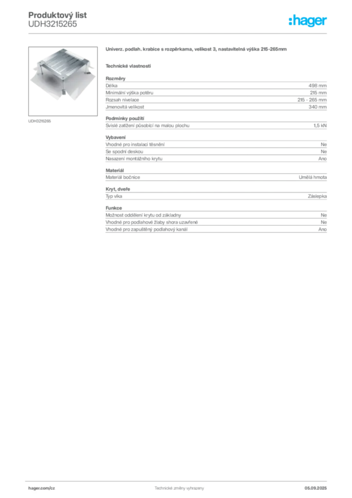 Obrázek Hager Produktový list UDH3215265 | Hager