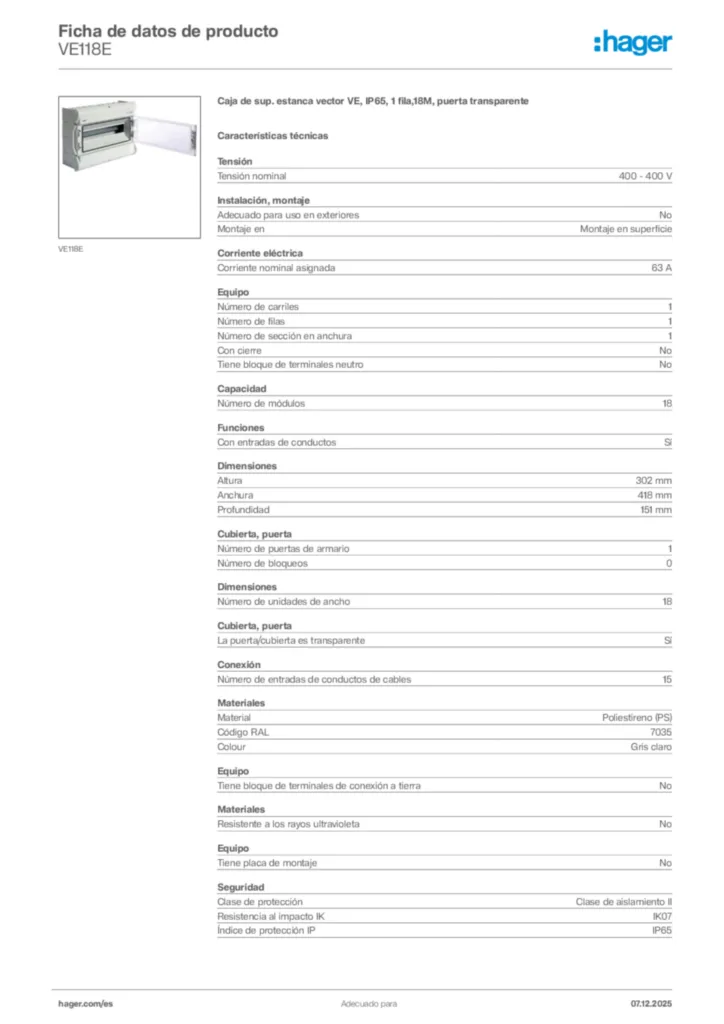 Imagen Hager Ficha de datos de producto VE118E | Hager España
