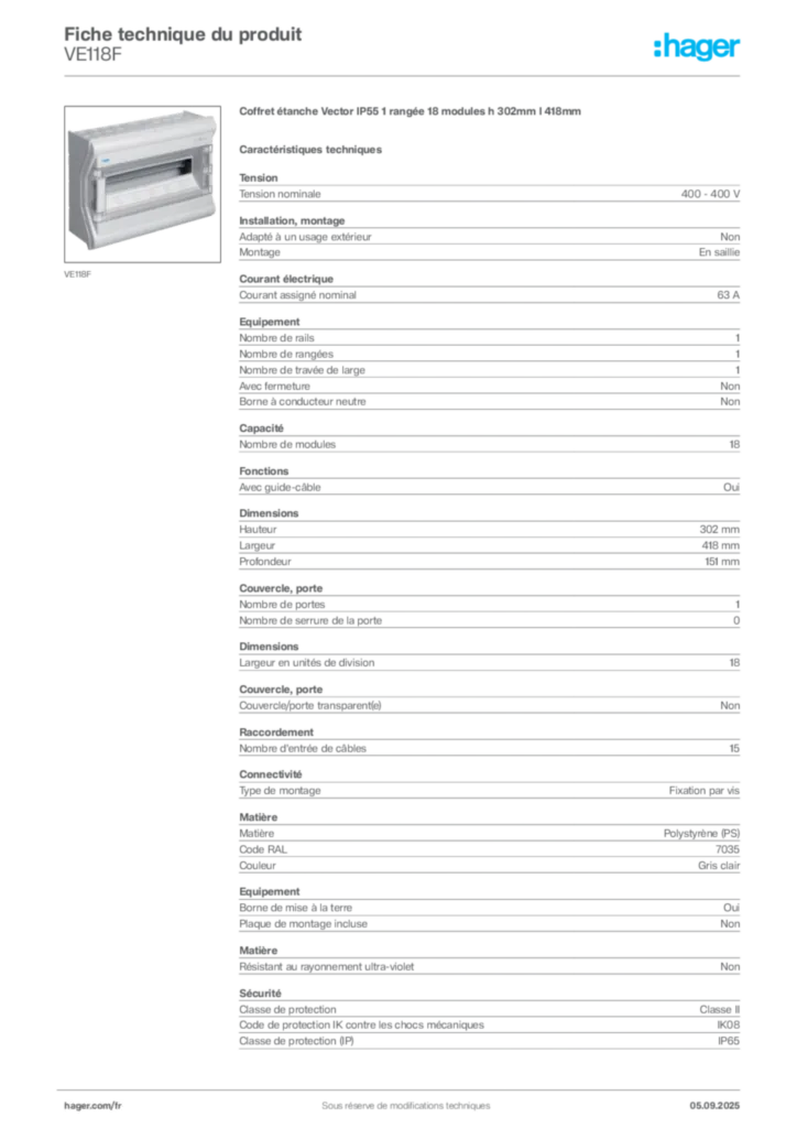 Image Hager Fiche technique du produit VE118F | Hager France