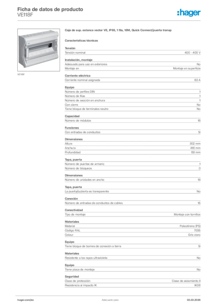 Imagen Hager Ficha de datos de producto VE118F | Hager España