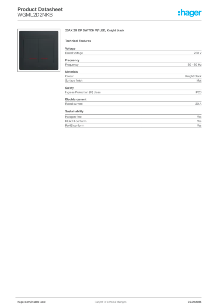Image Hager Product data sheet WGML2D2NKB  | Hager